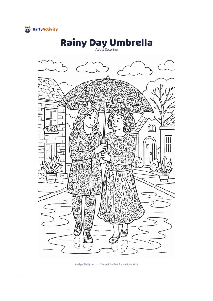 Colouring page: Show two friends walking together under a large umbrella on a quiet street after rain. Include puddles reflecting simple trees, potted plants outside homes, and a gentle cloudy sky.
