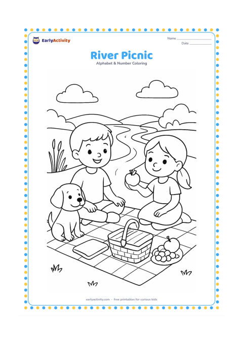 Colouring page: Draw two children having a picnic beside a winding river, with a picnic basket, folded cloth, fruit, reeds and a small bridge in the distance. Include a friendly dog sitting beside the…