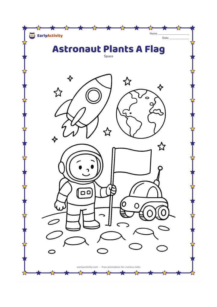Colouring page: Show an astronaut standing on a cratered moon surface and planting a completely blank flag beside a rounded rover. A large spacecraft hovers in the background with Earth and stars beyond it.