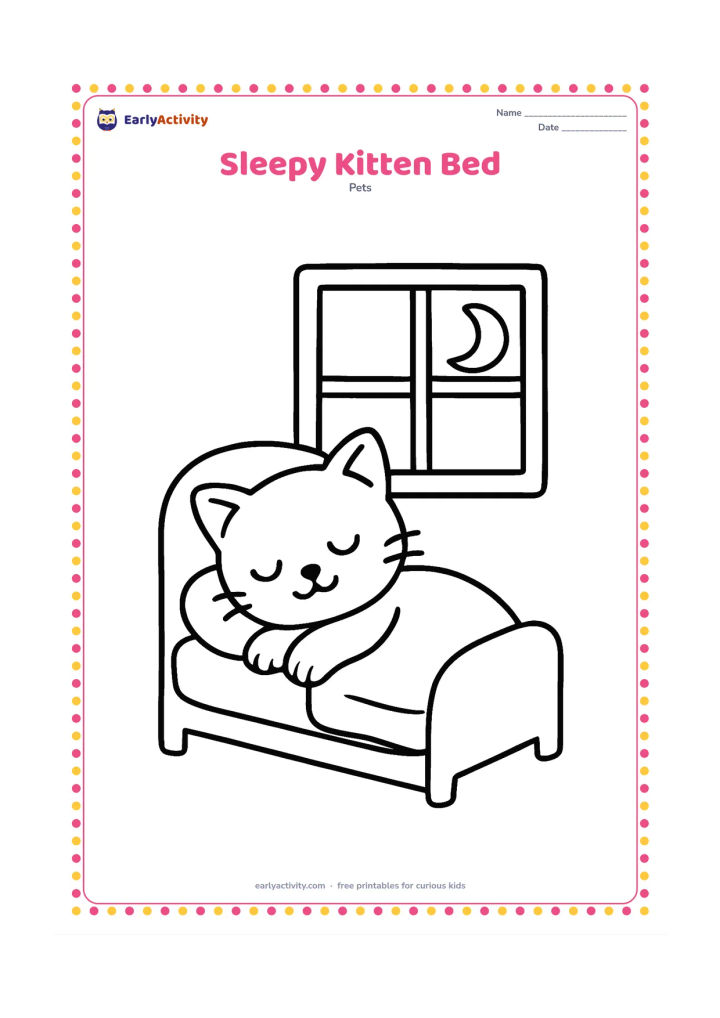 Colouring page: A curled-up kitten sleeps in a small bed with a rounded pillow and a simple blanket. Include a crescent-shaped moon outside a large window and no other tiny details.