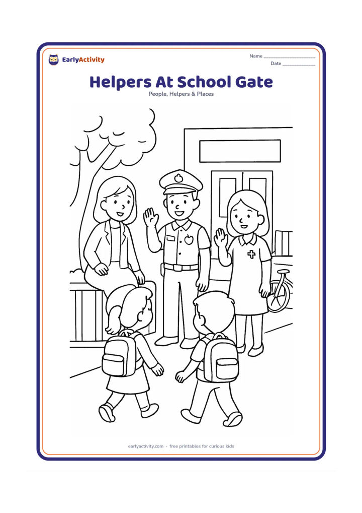 Colouring page: A teacher, police officer and school nurse greet children arriving at a school gate in the morning. Show backpacks, a tree, a bicycle rack and a simple building entrance, with the gate…