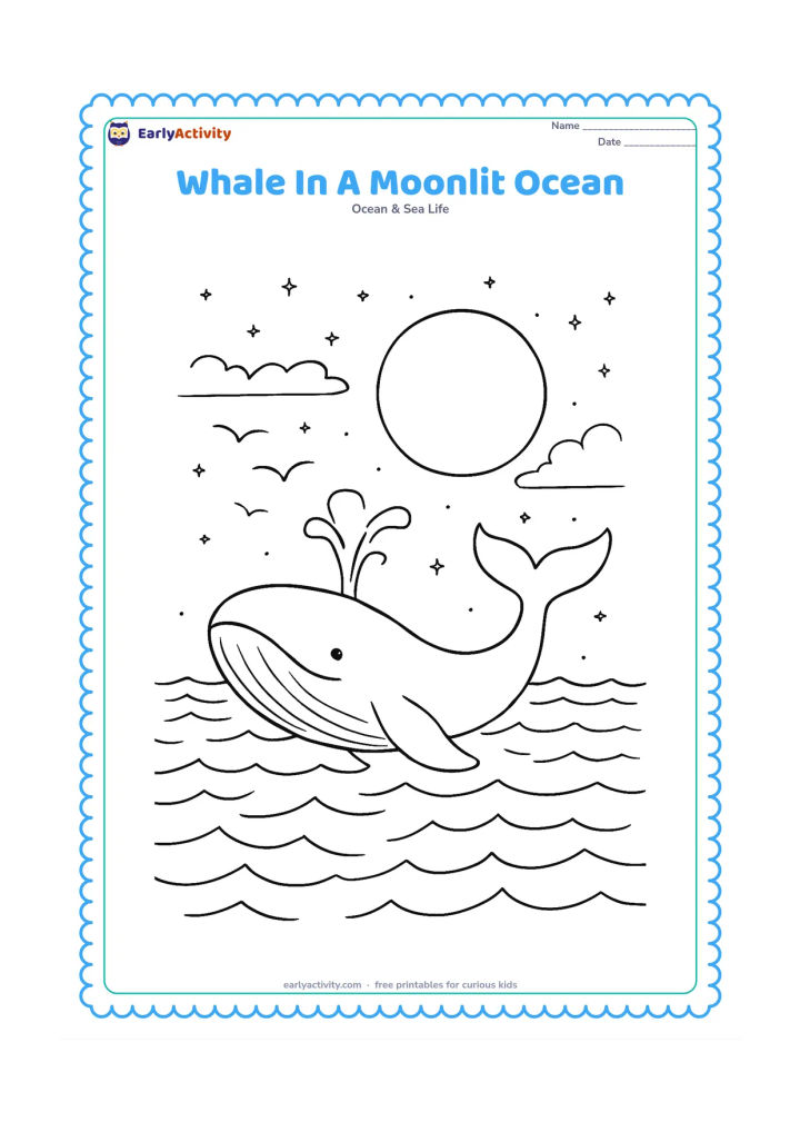 Colouring page: Show a whale travelling across a moonlit ocean with a large full moon, reflections, scattered stars, wispy clouds, seabirds, and rolling wave patterns. Add a delicate but clear air spout.