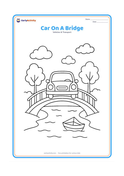 Colouring page: Draw a car crossing a gently arched bridge over a river, viewed from the front, with railings, trees on both banks, a few clouds and a small boat below. Show two headlights and both…
