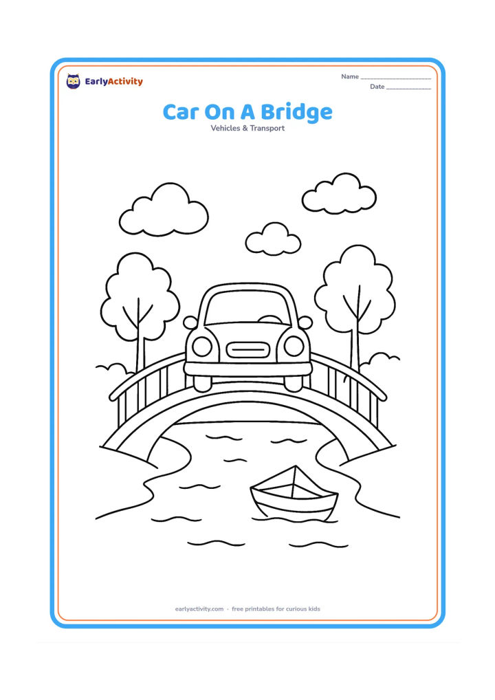 Colouring page: Draw a car crossing a gently arched bridge over a river, viewed from the front, with railings, trees on both banks, a few clouds and a small boat below. Show two headlights and both…