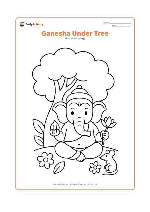 Colouring page: Lord Ganesha sits peacefully beneath a large leafy tree, holding a modak and a lotus. Add two or three large leaves, a few flowers and his mouse companion beside him.