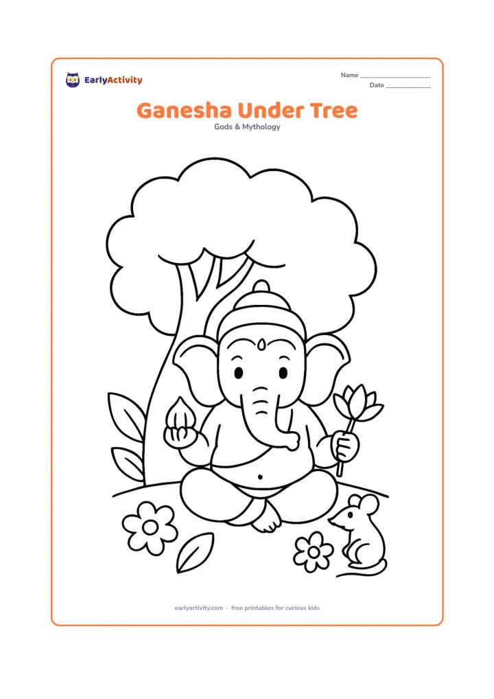 Colouring page: Lord Ganesha sits peacefully beneath a large leafy tree, holding a modak and a lotus. Add two or three large leaves, a few flowers and his mouse companion beside him.