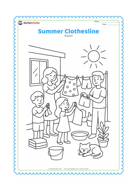 Colouring page: A family hangs light summer clothes on a clothesline beside a sunny home courtyard. Include a bucket, folded towels, a shallow bowl drying in the sun, potted plants and a cat resting in…