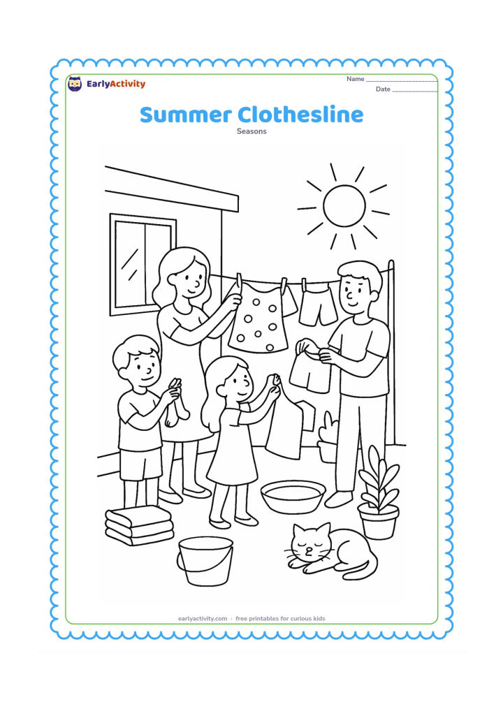 Colouring page: A family hangs light summer clothes on a clothesline beside a sunny home courtyard. Include a bucket, folded towels, a shallow bowl drying in the sun, potted plants and a cat resting in…