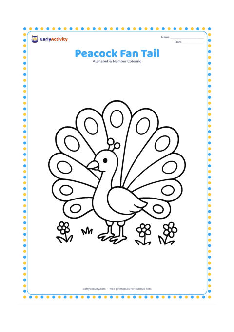 Colouring page: Draw a peacock standing beside its fully spread fan-shaped tail. Add a simple grassy ground and a few small flowers around its feet.