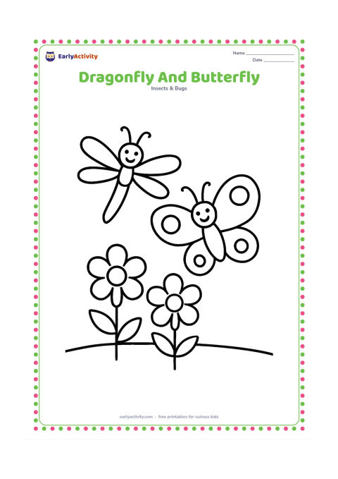 Colouring page: A dragonfly and a friendly butterfly hover over two simple flowers in a meadow. Give the dragonfly four narrow wings and the butterfly two larger patterned wings, with plenty of space…