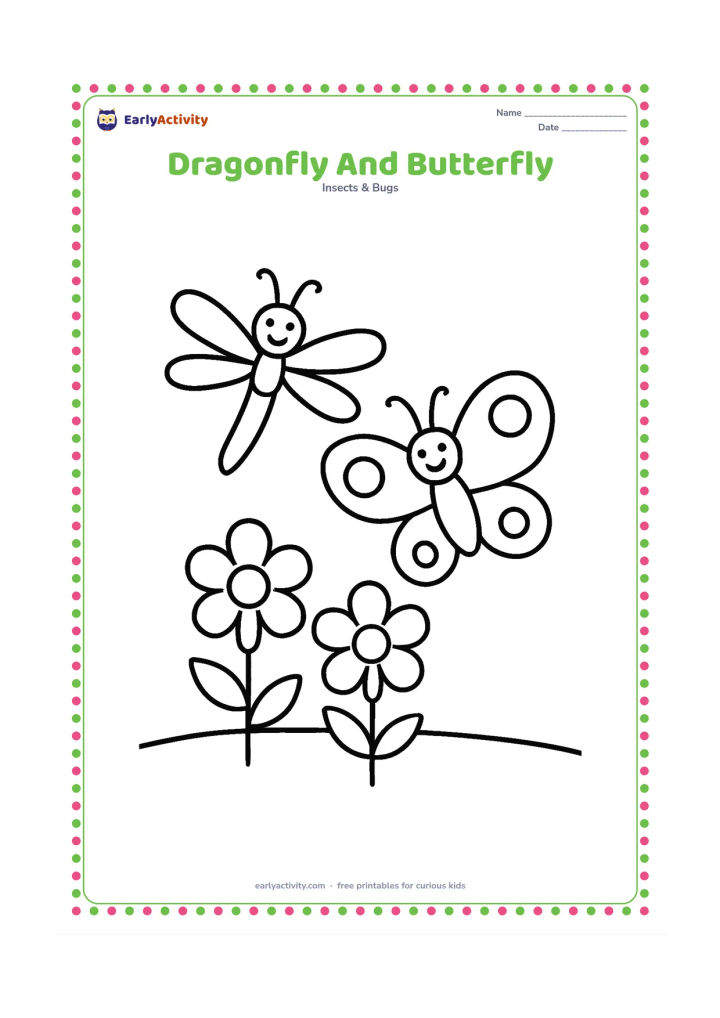 Colouring page: A dragonfly and a friendly butterfly hover over two simple flowers in a meadow. Give the dragonfly four narrow wings and the butterfly two larger patterned wings, with plenty of space…