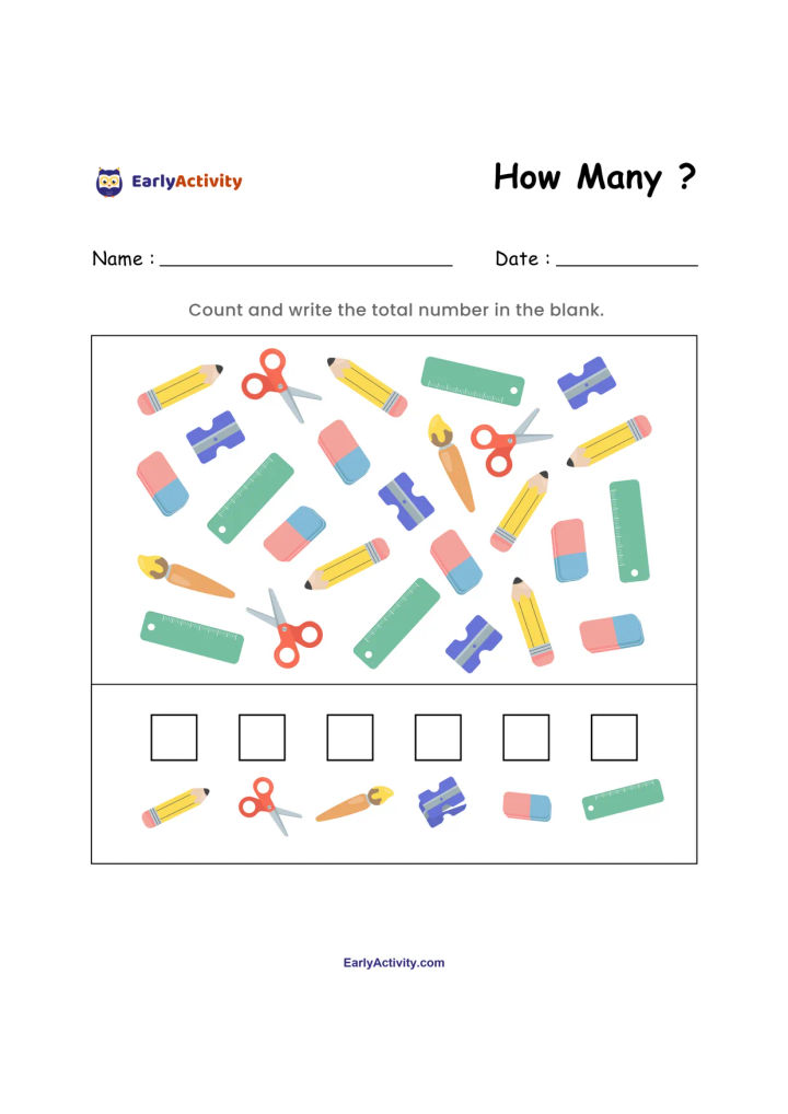 Worksheet showing pencils, scissors, rulers, erasers, glue sticks and sharpeners to count, with blank boxes for answers.