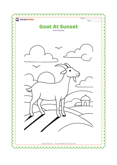 Colouring page: Draw a goat standing on a small hill at sunset, with its head raised, long shadows, a round sun near the horizon, and a distant Indian-style farm building with a plain roof. Add two…