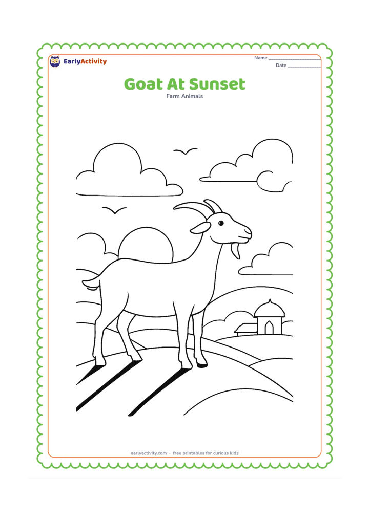 Colouring page: Draw a goat standing on a small hill at sunset, with its head raised, long shadows, a round sun near the horizon, and a distant Indian-style farm building with a plain roof. Add two…