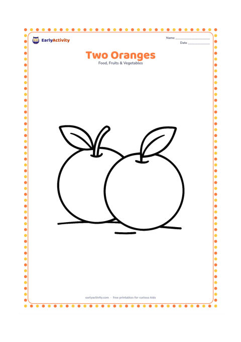 Colouring page: Draw two large whole oranges touching side by side, one slightly behind the other, each with a small leaf. Use a simple ground line beneath them.