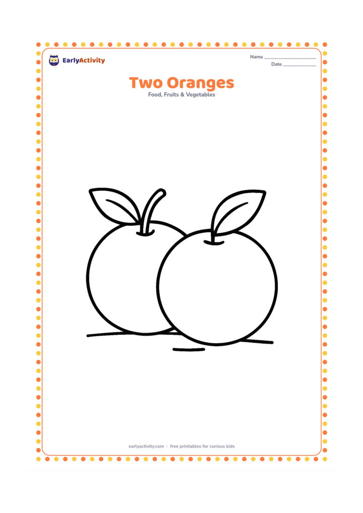 Colouring page: Draw two large whole oranges touching side by side, one slightly behind the other, each with a small leaf. Use a simple ground line beneath them.