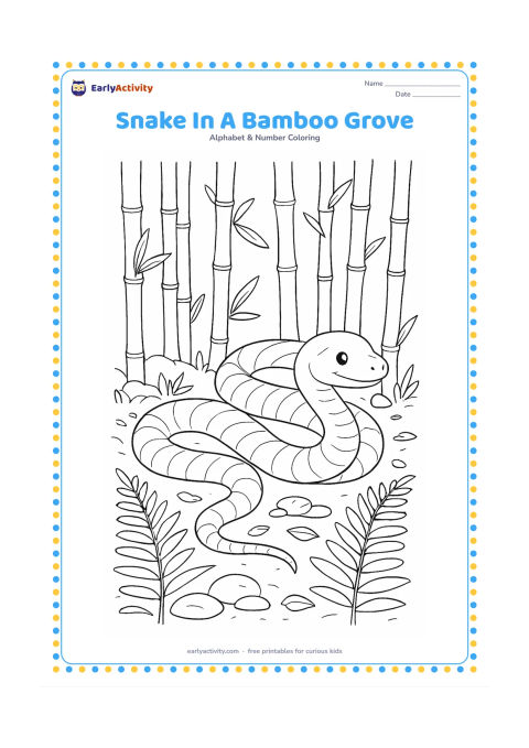 Colouring page: A non-scary snake winds through a bamboo grove on a forest floor, passing ferns, fallen leaves and smooth stones. Show overlapping body curves, gentle scale bands and tall bamboo stalks…