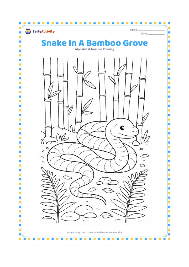 Colouring page: A non-scary snake winds through a bamboo grove on a forest floor, passing ferns, fallen leaves and smooth stones. Show overlapping body curves, gentle scale bands and tall bamboo stalks…