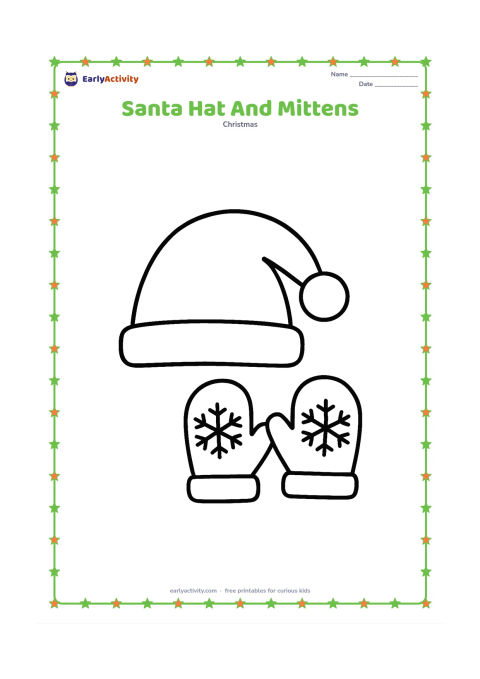 Colouring page: Draw a large fluffy Santa-style hat beside one pair of winter mittens, with simple snowflake shapes on the mittens.