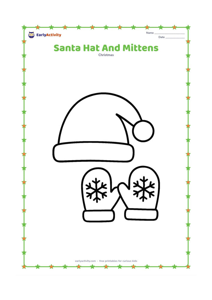 Colouring page: Draw a large fluffy Santa-style hat beside one pair of winter mittens, with simple snowflake shapes on the mittens.