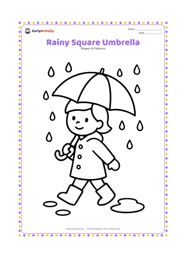 Colouring page: A child walks under an umbrella made from four broad square panels during gentle rain. Add two puddles and a simple raincoat.