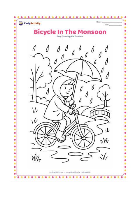 Colouring page: Draw a bicycle rider wearing a raincoat and carrying an umbrella while travelling beside a tree-lined path. Include puddles, falling rain and a small bridge, with the bicycle clearly…