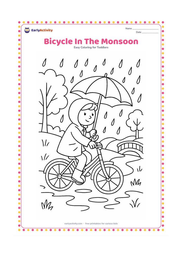 Colouring page: Draw a bicycle rider wearing a raincoat and carrying an umbrella while travelling beside a tree-lined path. Include puddles, falling rain and a small bridge, with the bicycle clearly…