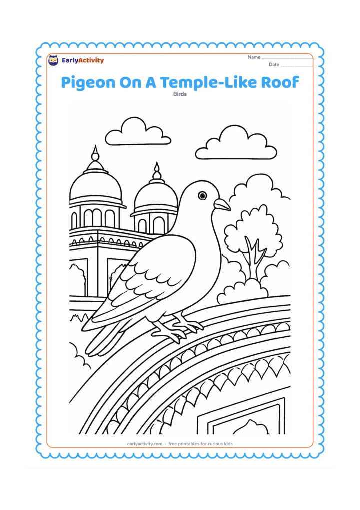 Colouring page: A pigeon rests on the curved roof edge of a historic Indian-style building with domed architectural forms, carved-looking borders, trees, and distant clouds. Keep the architecture…