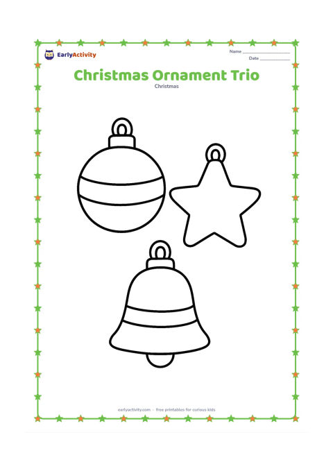 Colouring page: Draw three large hanging Christmas ornaments with different simple shapes: a round bauble, a star and a bell, each with a loop.