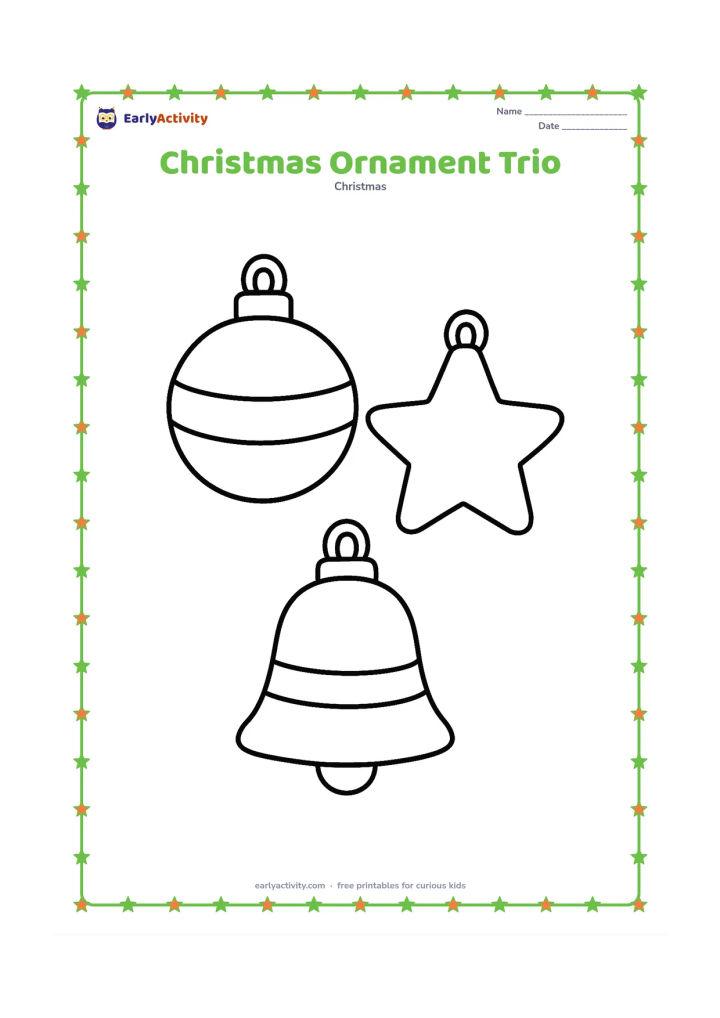 Colouring page: Draw three large hanging Christmas ornaments with different simple shapes: a round bauble, a star and a bell, each with a loop.