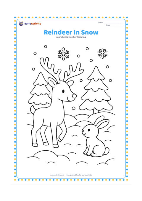 Colouring page: Draw a gentle reindeer walking through a snowy woodland, with a small evergreen tree, rounded snowdrifts, falling snowflakes and a friend beside it. Use a winter forest clearing with no…