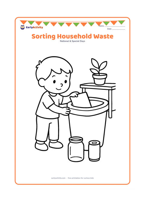 Colouring page: Draw a child placing a plain paper sheet into a large recycling bin while a glass jar and metal can wait nearby. Include a small kitchen table and a potted plant.