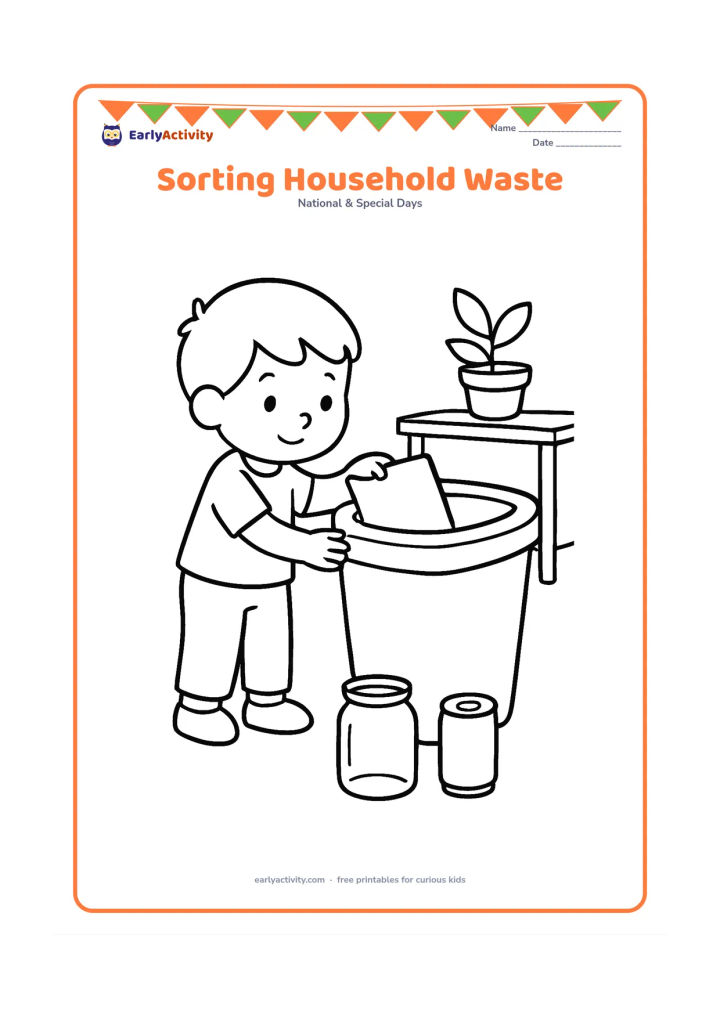 Colouring page: Draw a child placing a plain paper sheet into a large recycling bin while a glass jar and metal can wait nearby. Include a small kitchen table and a potted plant.