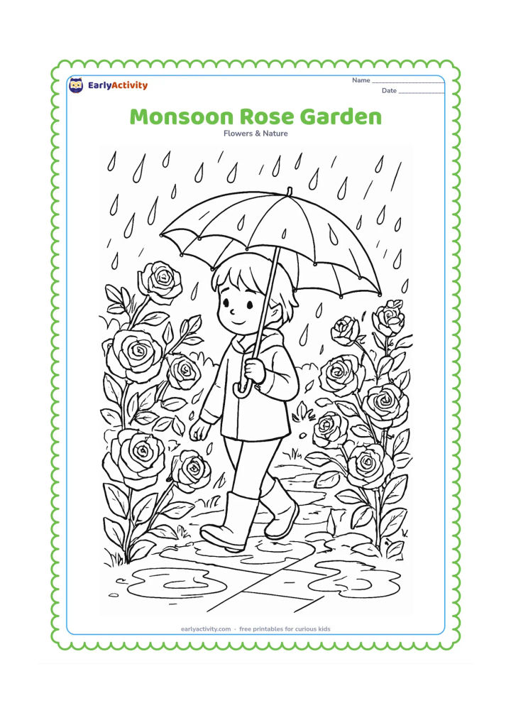Colouring page: Draw a rose garden during an Indian monsoon shower, with rain-wet leaves, several roses, puddles, a child holding an umbrella, and a simple tiled path.