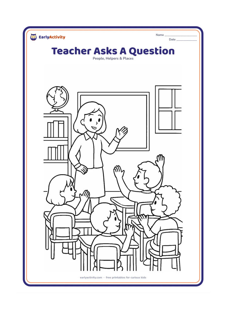 Colouring page: A teacher stands beside a blank board with one hand raised in a questioning gesture while four pupils sit at desks and raise their hands. Include a classroom shelf, a globe and a window.