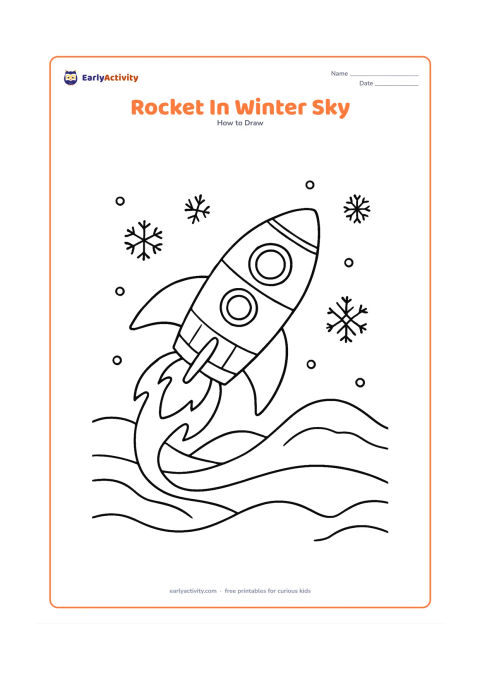 Worksheet: A detailed rocket travels above snow-covered hills under a winter sky, with a rounded nose, several fins, windows, panel lines, a curved flame trail and a few snowflakes. Include no…