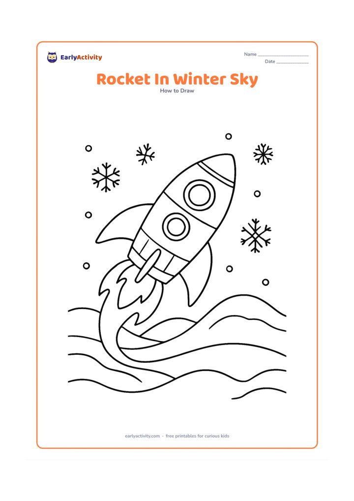 Worksheet: A detailed rocket travels above snow-covered hills under a winter sky, with a rounded nose, several fins, windows, panel lines, a curved flame trail and a few snowflakes. Include no…