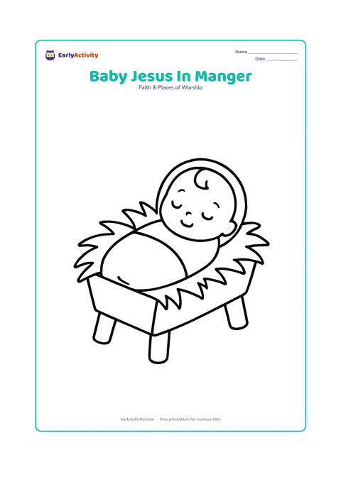 Colouring page: Show baby Jesus peacefully resting in a manger filled with straw, with a small blanket and two simple wooden side supports. Keep the composition centered with plenty of open space around…