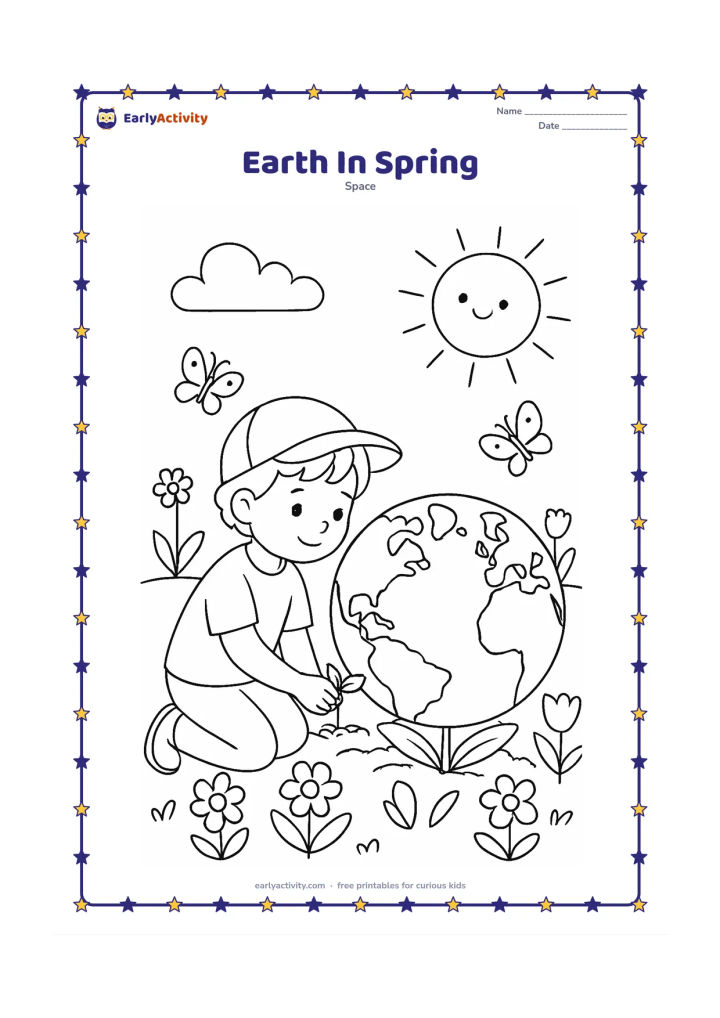 Colouring page: A child kneels beside a large Earth-shaped flower bed, planting a small seedling while butterflies and spring flowers surround the scene. Add soft clouds and a bright Sun in the background.