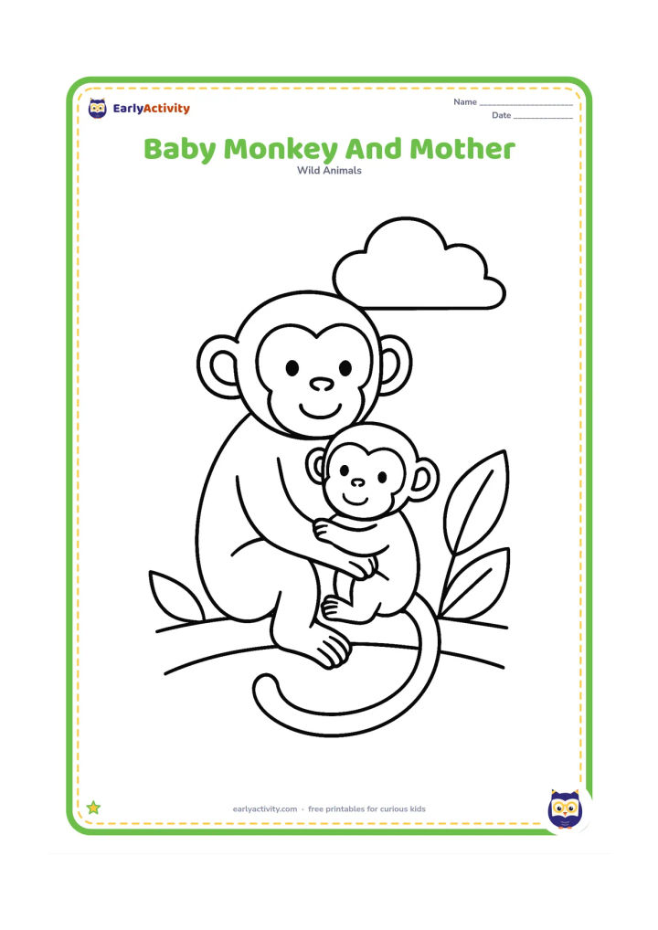 Colouring page: Draw a mother monkey sitting on a branch with a small baby monkey held against her belly. Add two large leaves and a round cloud.