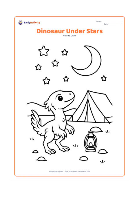 Worksheet: Show a small feathered dinosaur looking up from a campsite at a crescent moon and scattered stars, with stages for its body, head, feathered tail, and bent legs. Add a tent, a lantern,…