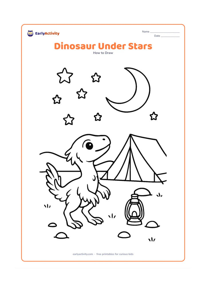 Worksheet: Show a small feathered dinosaur looking up from a campsite at a crescent moon and scattered stars, with stages for its body, head, feathered tail, and bent legs. Add a tent, a lantern,…