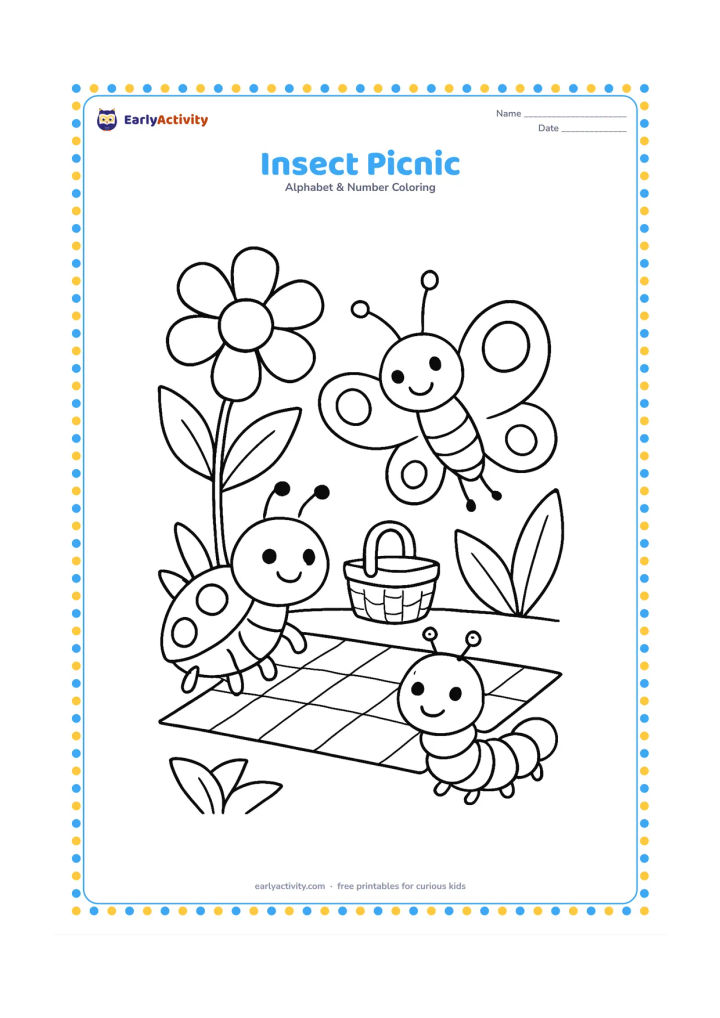 Colouring page: Draw a ladybird, butterfly, and caterpillar gathered near a picnic cloth under a flower, with a small basket and broad leaves around them. Keep the insects friendly and active.