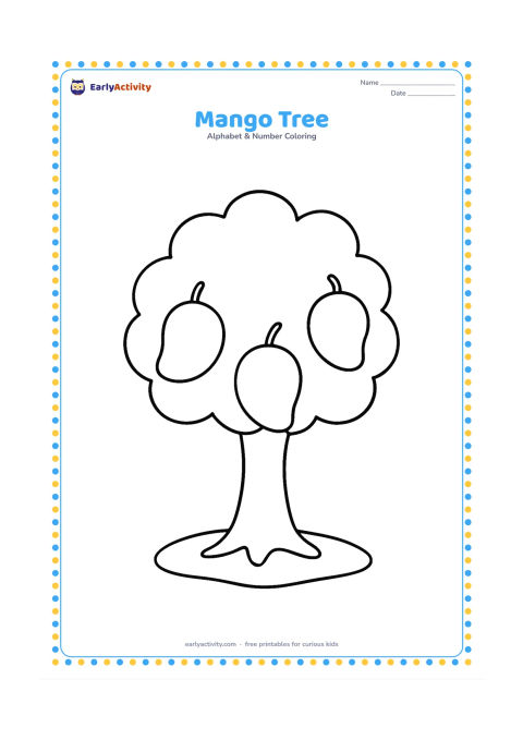 Colouring page: Draw a small mango tree with a sturdy trunk, a rounded leafy crown and three large mangoes hanging from the branches. Add a simple patch of ground.