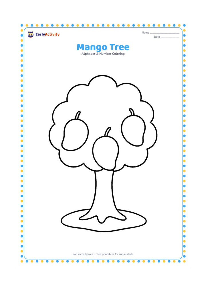 Colouring page: Draw a small mango tree with a sturdy trunk, a rounded leafy crown and three large mangoes hanging from the branches. Add a simple patch of ground.