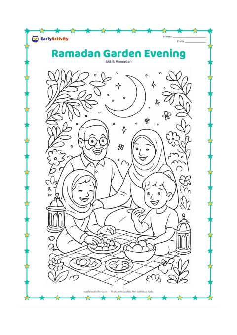 Colouring page: Children and grandparents gather in a garden after sunset, with a picnic iftar cloth, dates, fruit, lanterns, flowering plants, trees, fireflies, and a large crescent above.