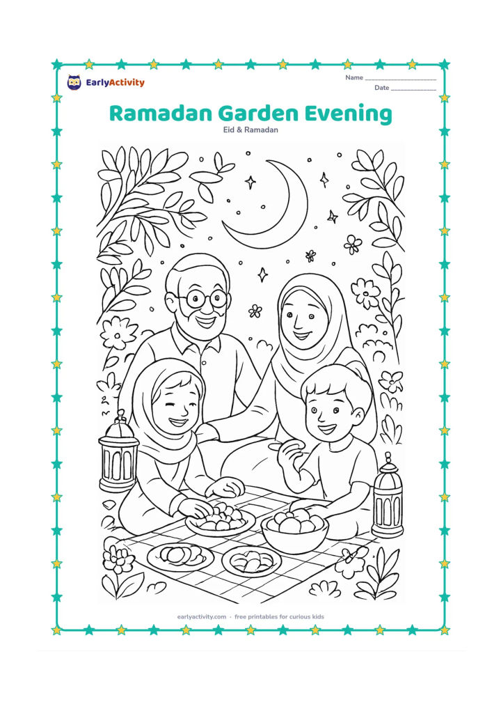 Colouring page: Children and grandparents gather in a garden after sunset, with a picnic iftar cloth, dates, fruit, lanterns, flowering plants, trees, fireflies, and a large crescent above.