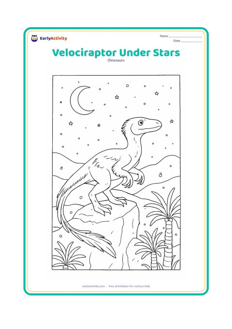 Colouring page: A velociraptor rests on a high rocky overlook beneath a star-filled sky, with a crescent moon, layered hills, tall cycads, fireflies, and feather details catching the night breeze.