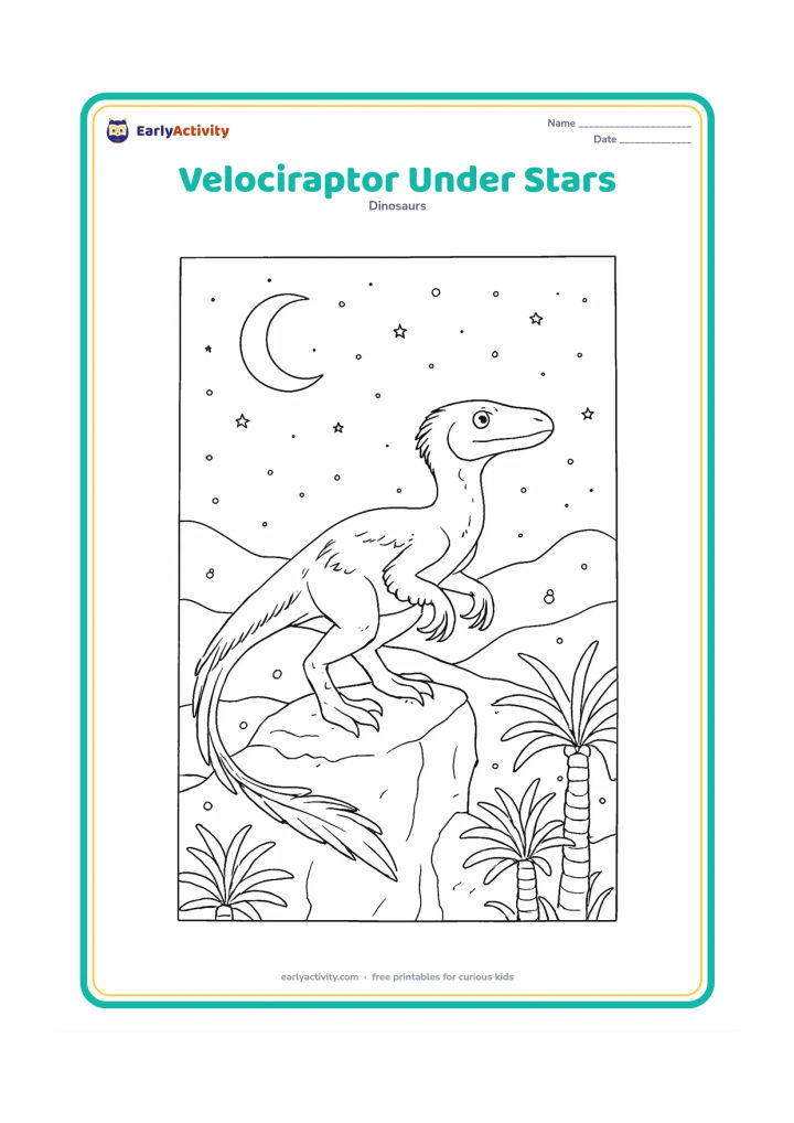 Colouring page: A velociraptor rests on a high rocky overlook beneath a star-filled sky, with a crescent moon, layered hills, tall cycads, fireflies, and feather details catching the night breeze.