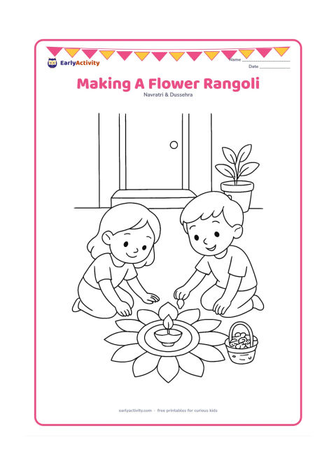 Colouring page: Two children arrange petals into a circular flower rangoli outside a home during Puja, with a diya in the centre and a small flower basket beside them. Include a doorstep and potted plant.